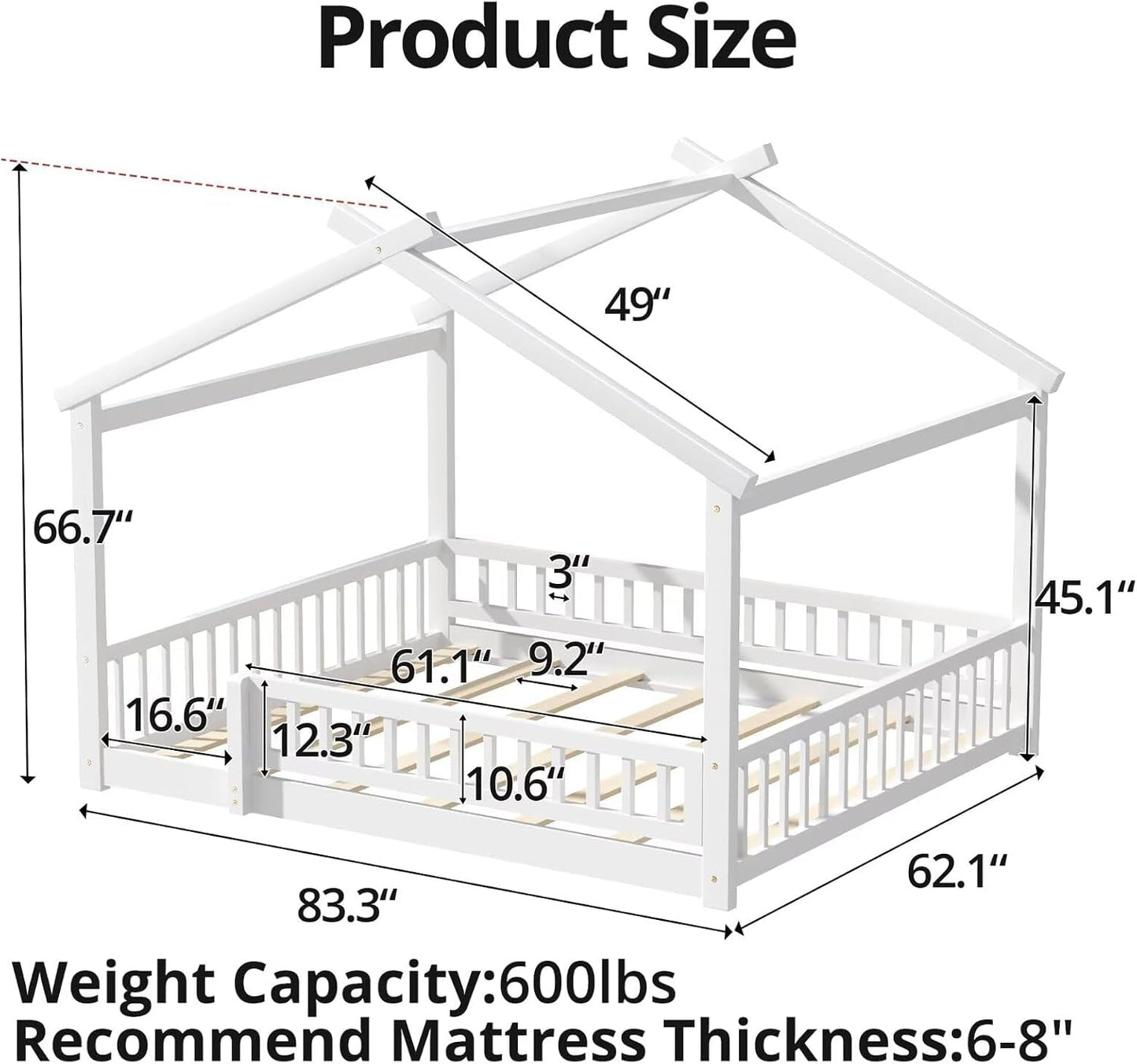 Queen House Floor Bed White Montessori Playhouse Fence