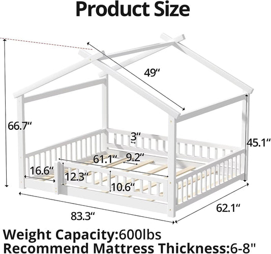 Queen House Floor Bed White Montessori Playhouse Fence