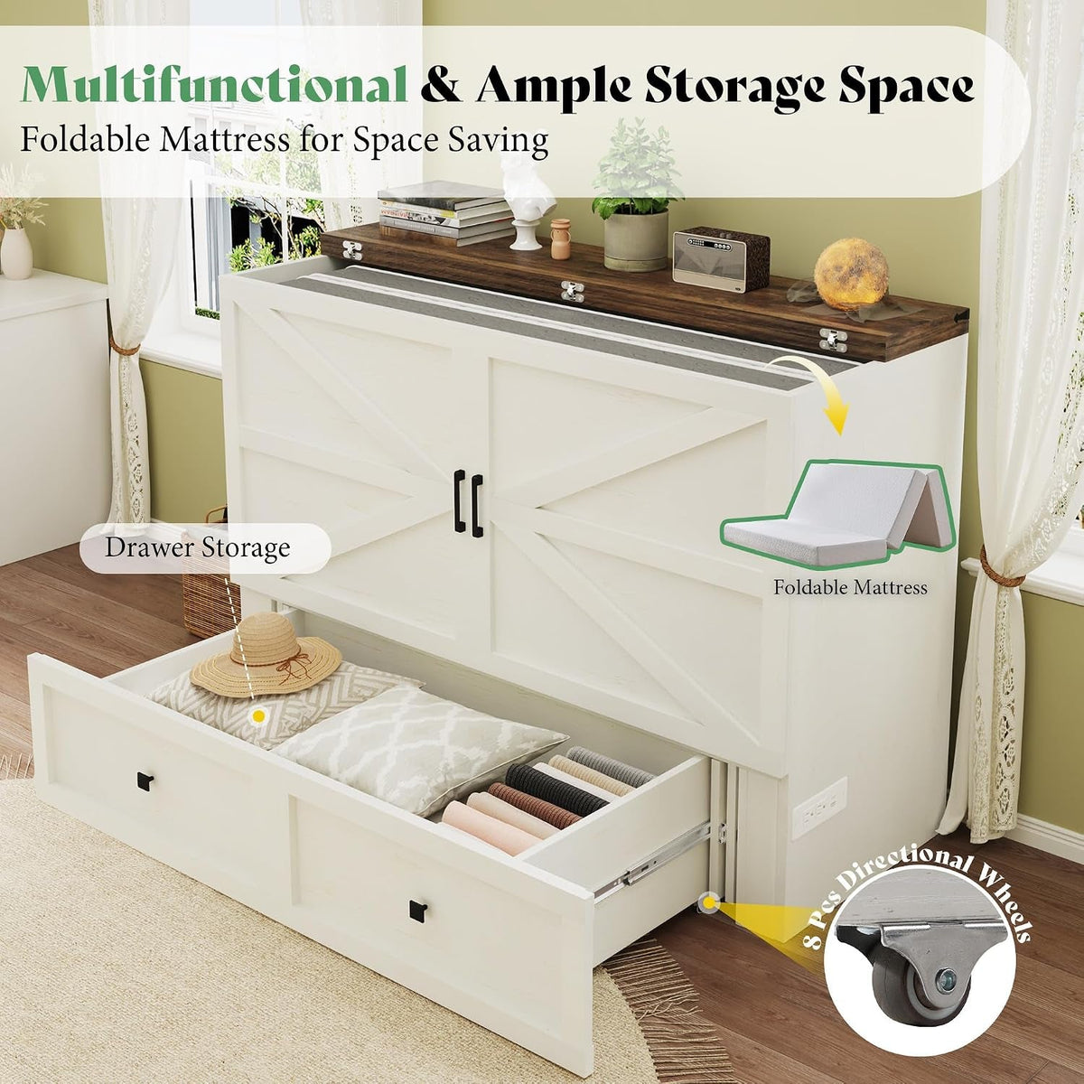Full Murphy Bed Cabinet Distressed White Storage Solution-2