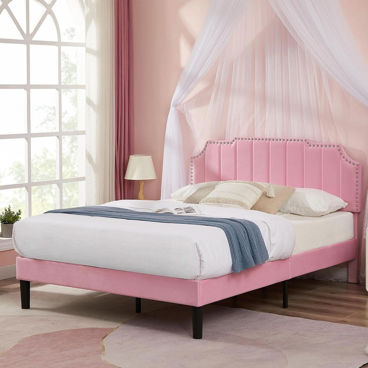 Queen Velvet Upholstered Platform Bed Frame Nailhead