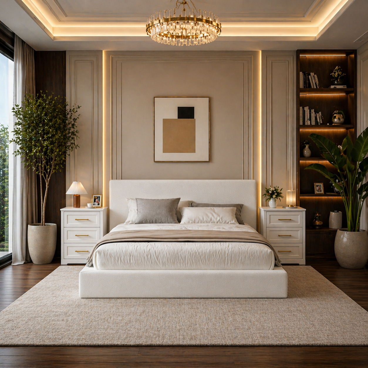 King Cloud Upholstered Bed Frame with Headboard + 2 White Nightstands Set with Charging Station
