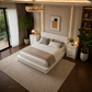 King Cloud Upholstered Bed Frame with Headboard + 2 White Nightstands Set with Charging Station