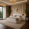 King Cloud Upholstered Bed Frame with Headboard + 2 White Nightstands Set with Charging Station