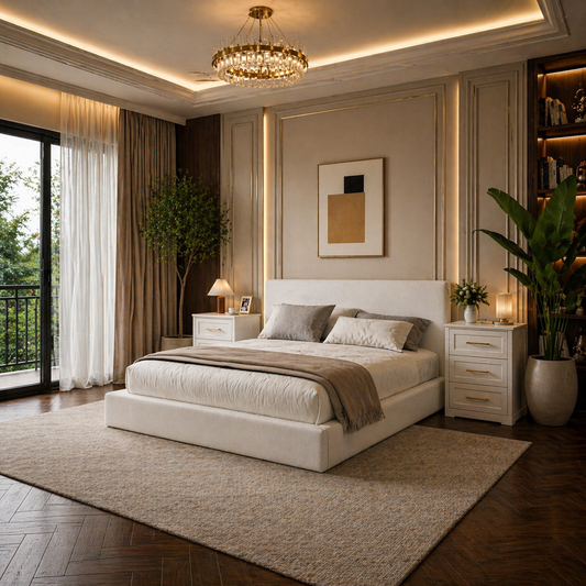 King Cloud Upholstered Bed Frame with Headboard + 2 White Nightstands Set with Charging Station