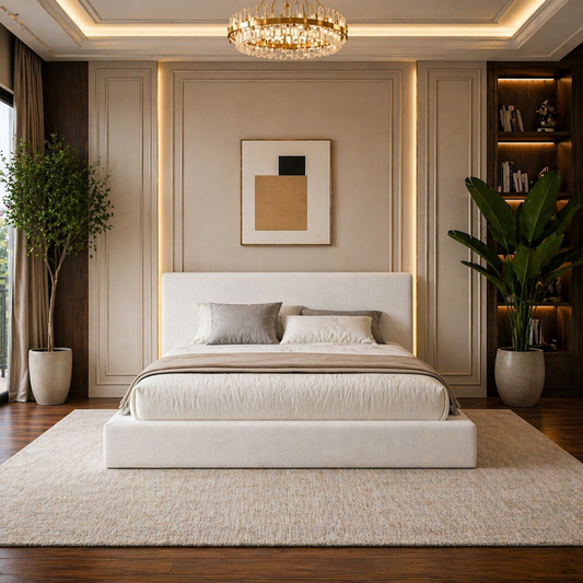 King Cloud Upholstered Bed Frame with Headboard + 2 White Nightstands Set with Charging Station