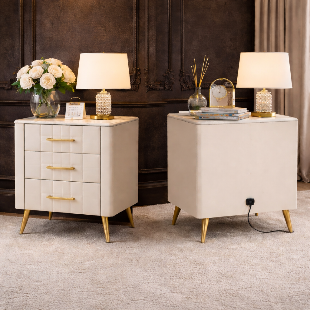 Queen Upholstered Bed Frame with Charging Station and 2 Drawer Nightstands Set Beige