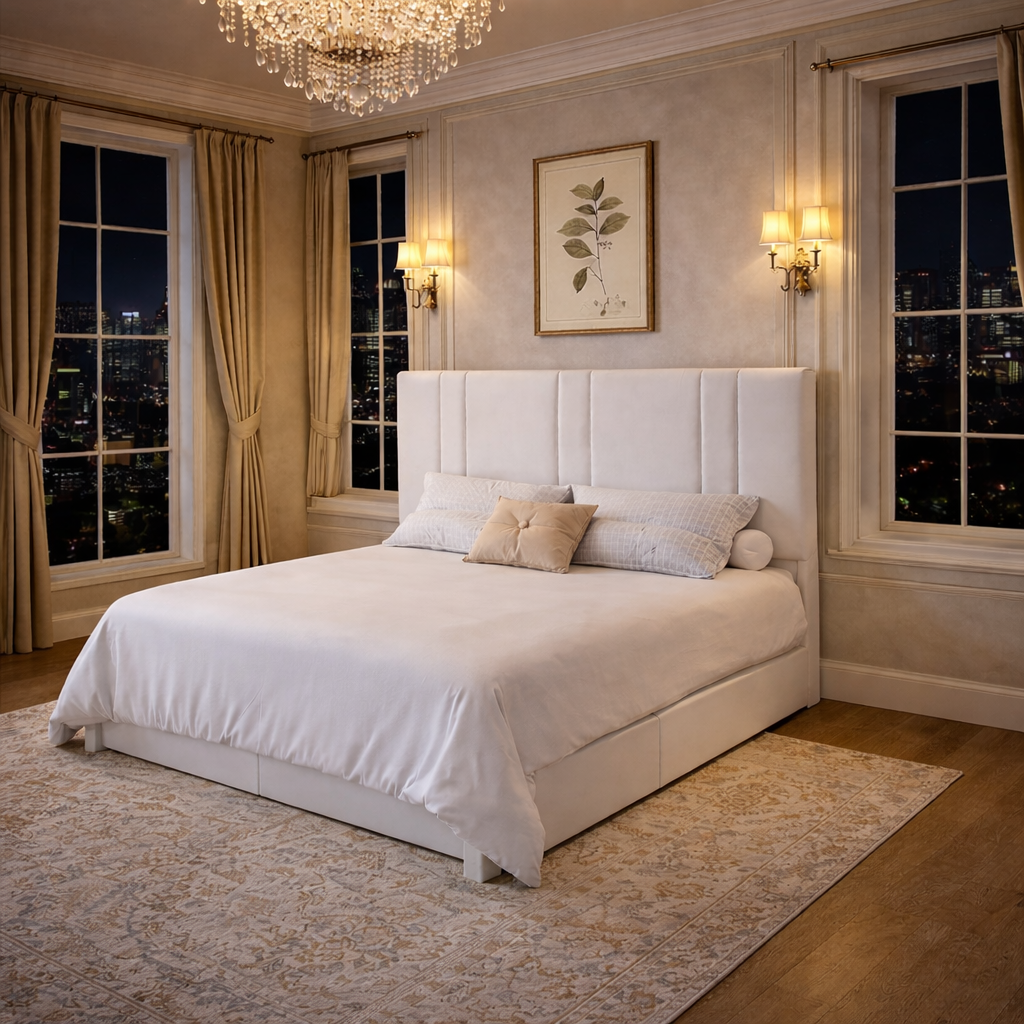 Queen White Velvet Platform Bed with Adjustable Headboard and 2 Drawer Nightstands Set