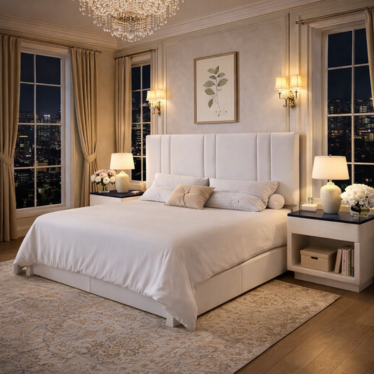 Queen White Velvet Platform Bed with Adjustable Headboard and 2 Drawer Nightstands Set
