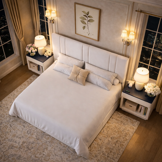 Queen White Velvet Platform Bed with Adjustable Headboard and 2 Drawer Nightstands Set