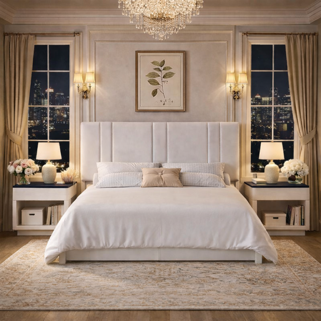 Queen White Velvet Platform Bed with Adjustable Headboard and 2 Drawer Nightstands Set
