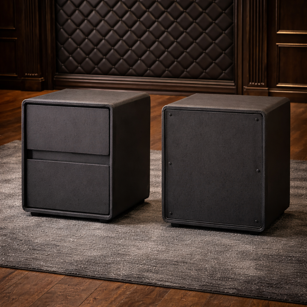 Queen Velvet Platform Bed with Adjustable Headboard and 2 Black Faux Leather Nightstands Set
