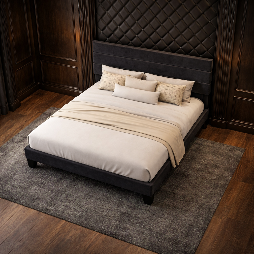 Queen Velvet Platform Bed with Adjustable Headboard and 2 Black Faux Leather Nightstands Set