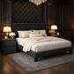 Queen Velvet Platform Bed with Adjustable Headboard and 2 Black Faux Leather Nightstands Set