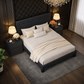 Queen Velvet Platform Bed with Adjustable Headboard and 2 Black Faux Leather Nightstands Set