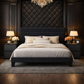 Queen Velvet Platform Bed with Adjustable Headboard and 2 Black Faux Leather Nightstands Set