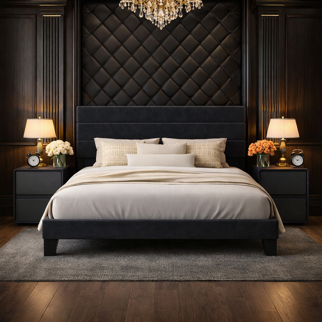 Queen Velvet Platform Bed with Adjustable Headboard and 2 Black Faux Leather Nightstands Set