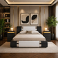 King Faux Leather Platform Bed with Adjustable Headboard + 2 LED Nightstands Set