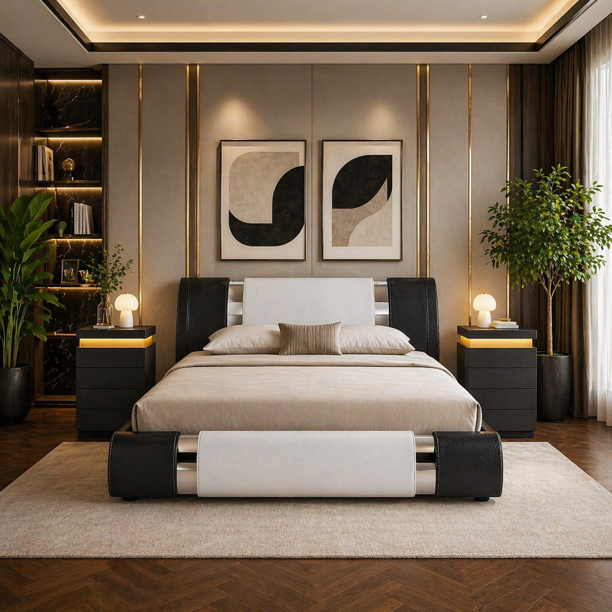 King Faux Leather Platform Bed with Adjustable Headboard + 2 LED Nightstands Set
