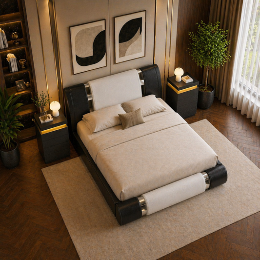 King Faux Leather Platform Bed with Adjustable Headboard + 2 LED Nightstands Set
