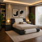 King Faux Leather Platform Bed with Adjustable Headboard + 2 LED Nightstands Set