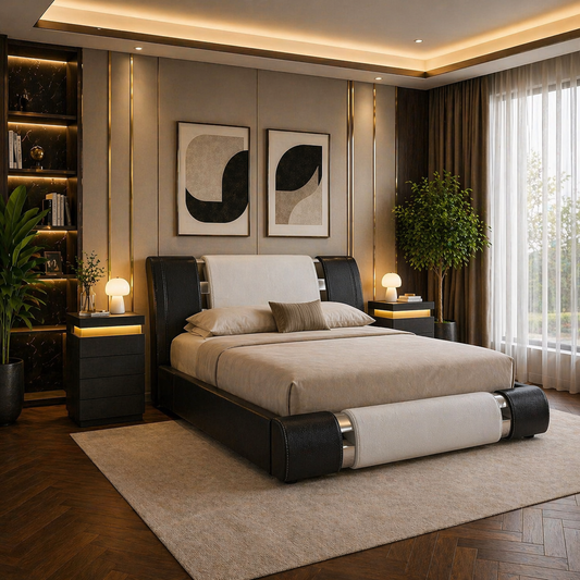 King Faux Leather Platform Bed with Adjustable Headboard + 2 LED Nightstands Set
