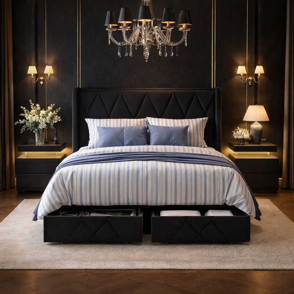 Queen Upholstered Storage Bed with 4 Drawers and Charging Headboard with 2 Black Nightstands Set-0