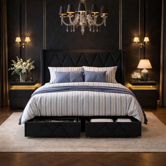 Queen Upholstered Storage Bed with 4 Drawers and Charging Headboard with 2 Black Nightstands Set-0