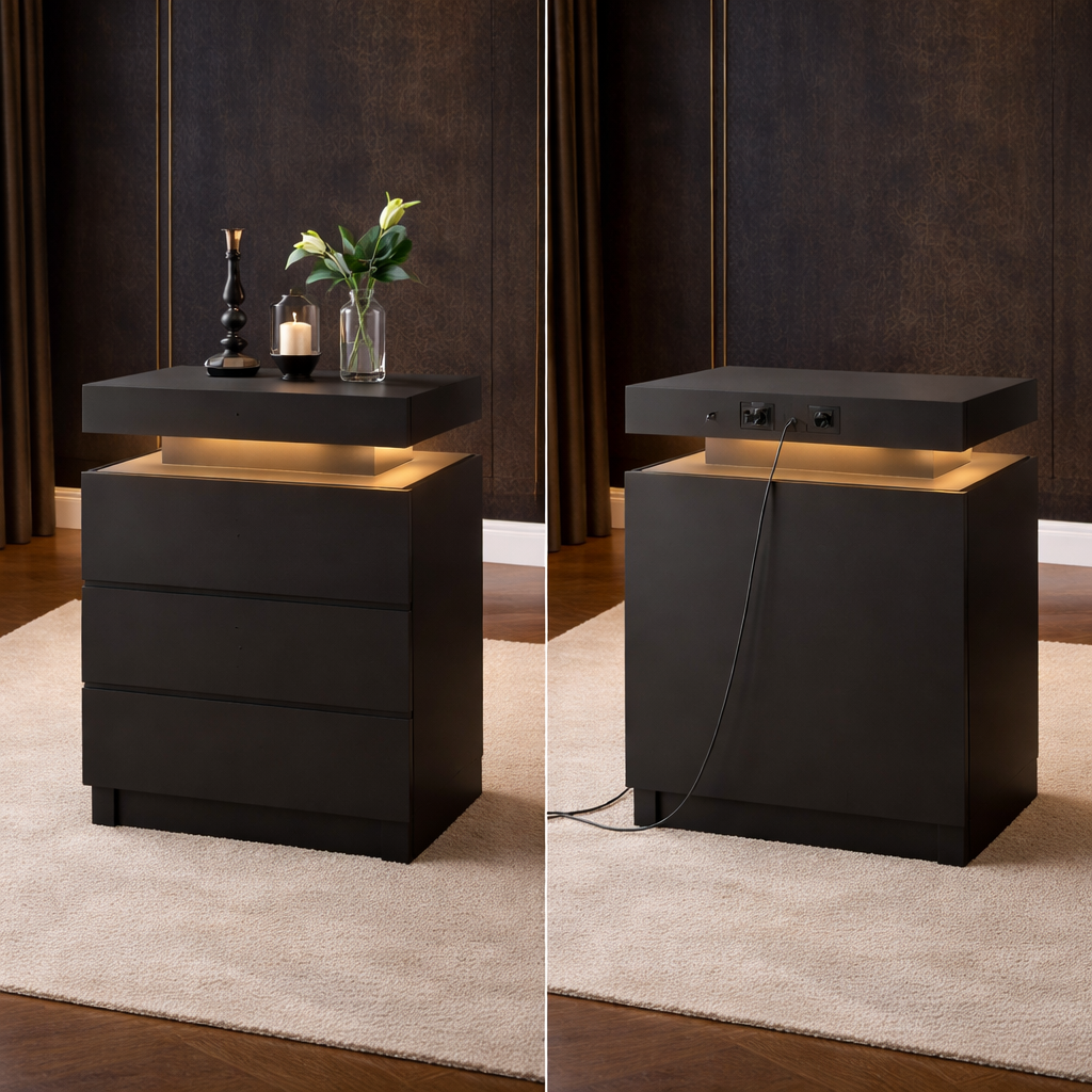 Queen Upholstered Storage Bed with 4 Drawers and Charging Headboard with 2 Black Nightstands Set-4