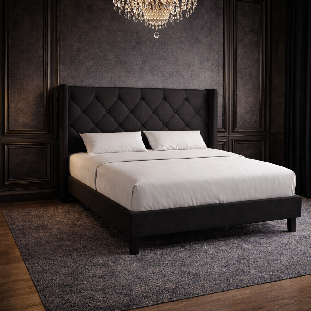 Queen Black Upholstered Platform Bed LED Nightstands-3