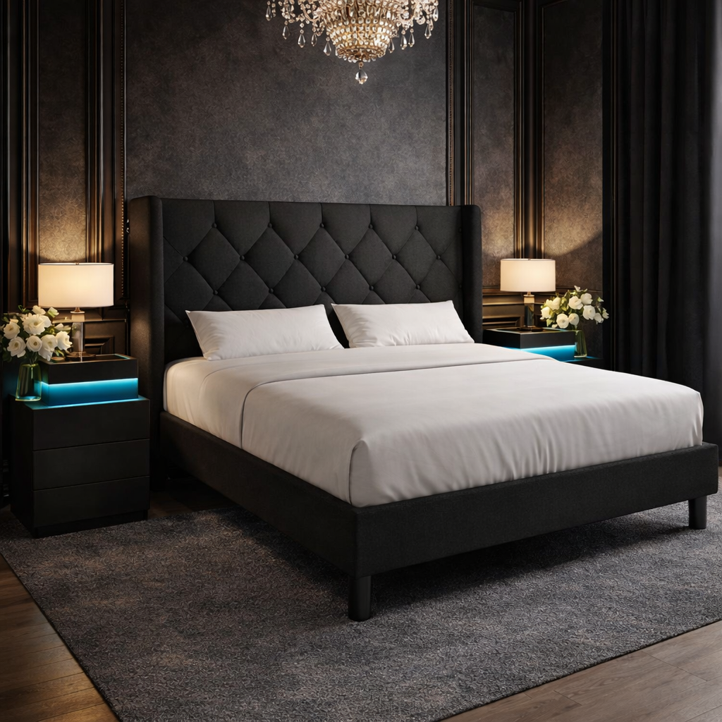 Queen Black Upholstered Platform Bed LED Nightstands-2
