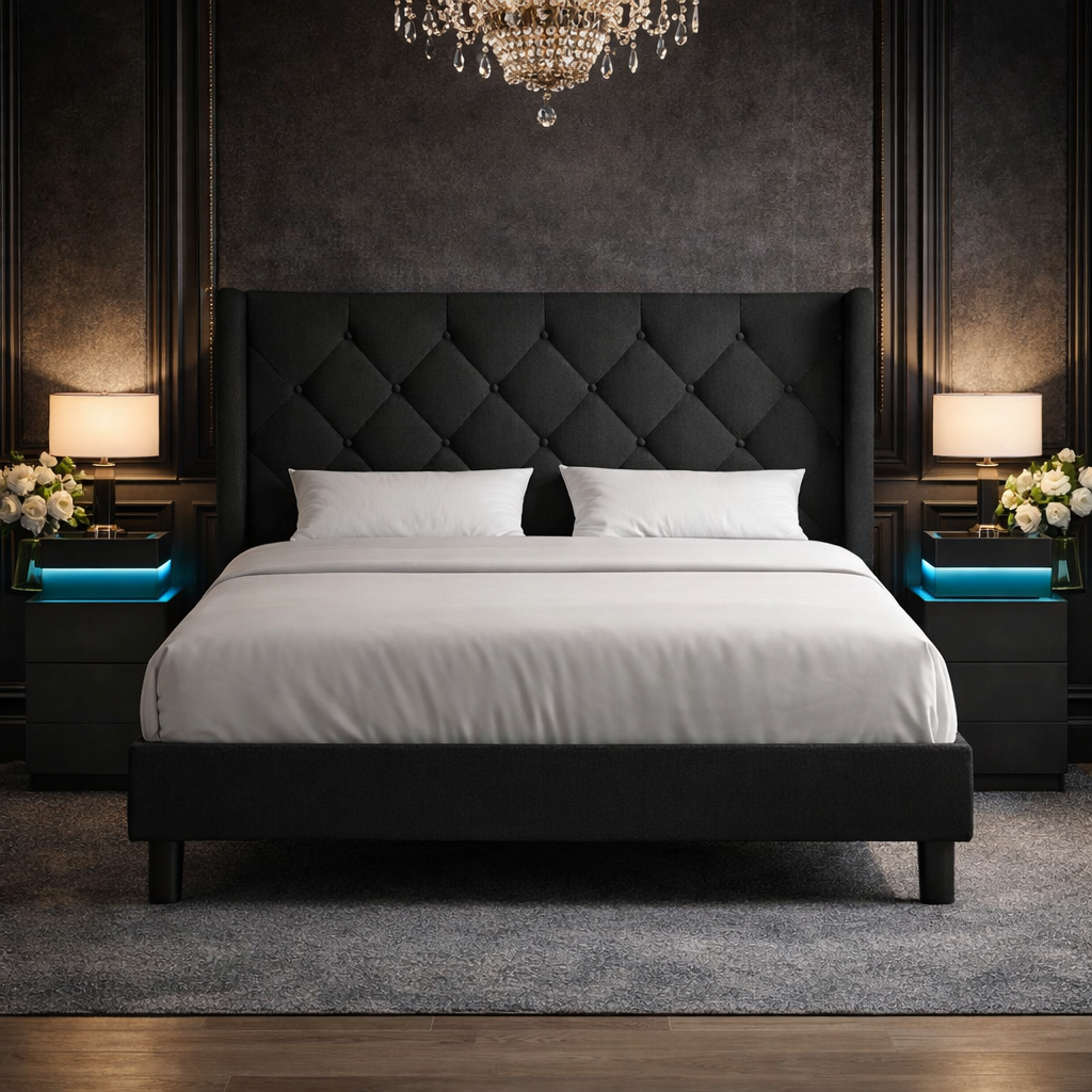 Queen Black Upholstered Platform Bed LED Nightstands-0