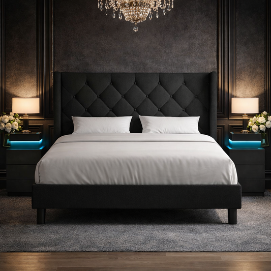 Queen Black Upholstered Platform Bed LED Nightstands-0