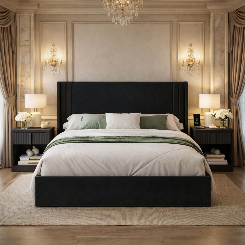 Queen Velvet Wingback Bed with 2 Fluted Nightstands Set Black Upholstered Platform Bed-0