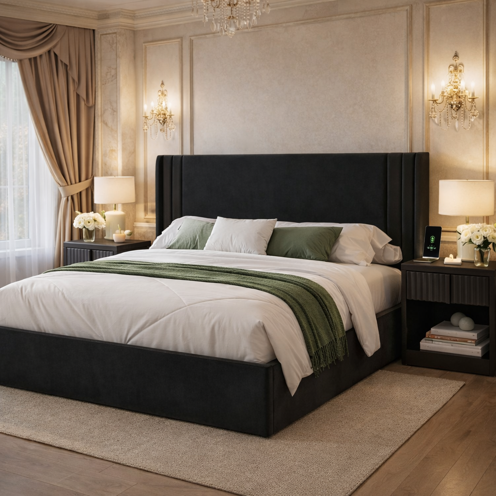 Queen Velvet Wingback Bed with 2 Fluted Nightstands Set Black Upholstered Platform Bed-2