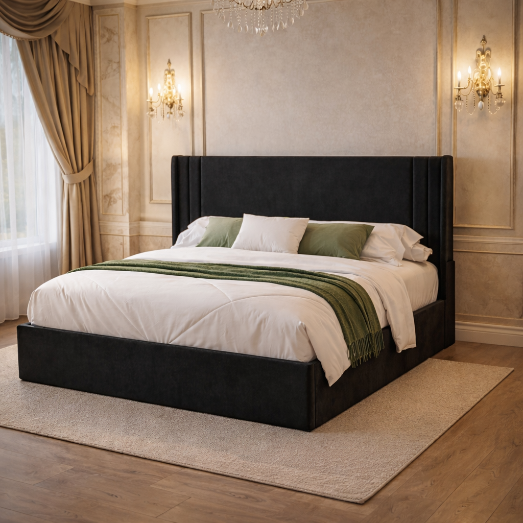 Queen Velvet Wingback Bed with 2 Fluted Nightstands Set Black Upholstered Platform Bed-3