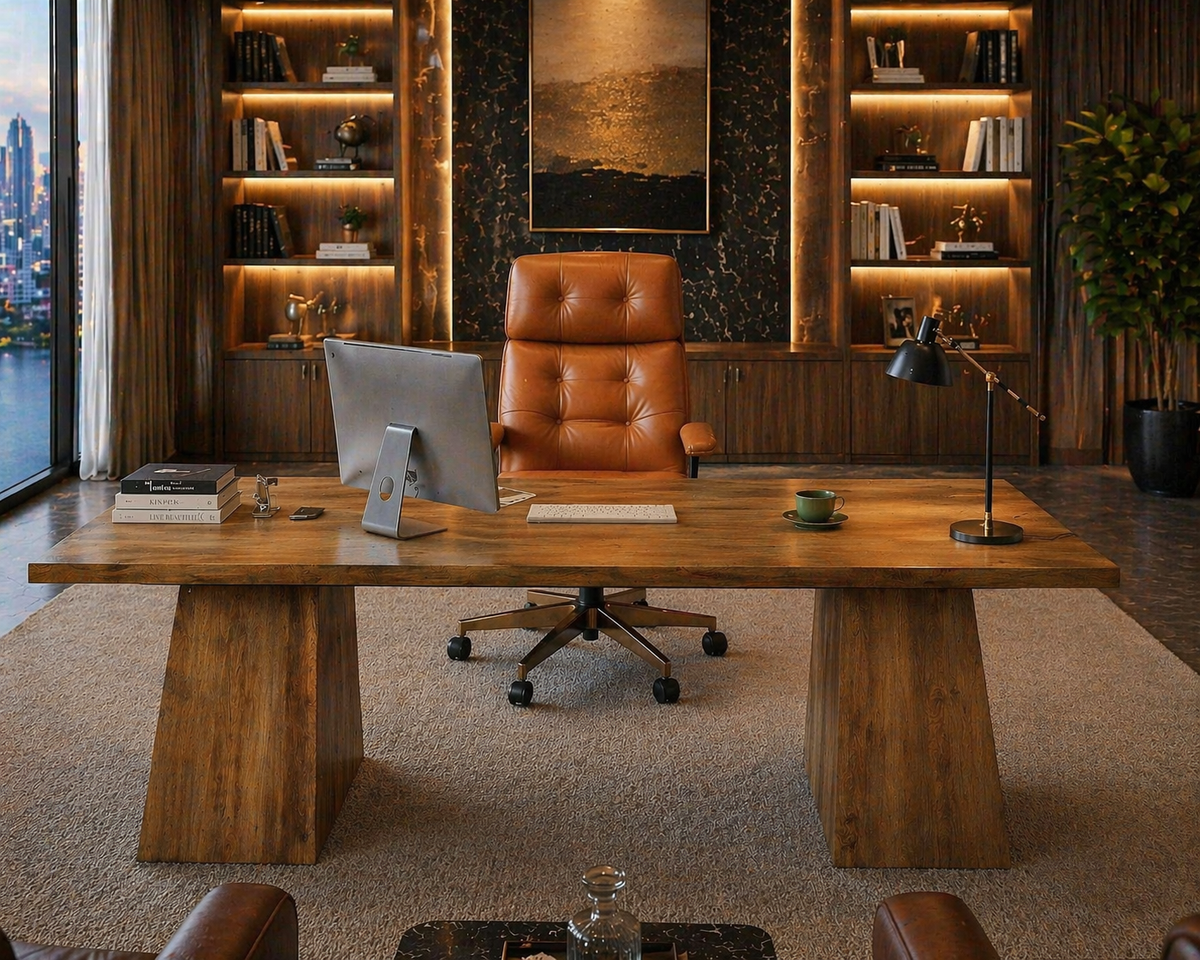 63” Executive Desk with Power Outlets & Storage + Ergonomic Wide Office Chair (Oak/Cognac)