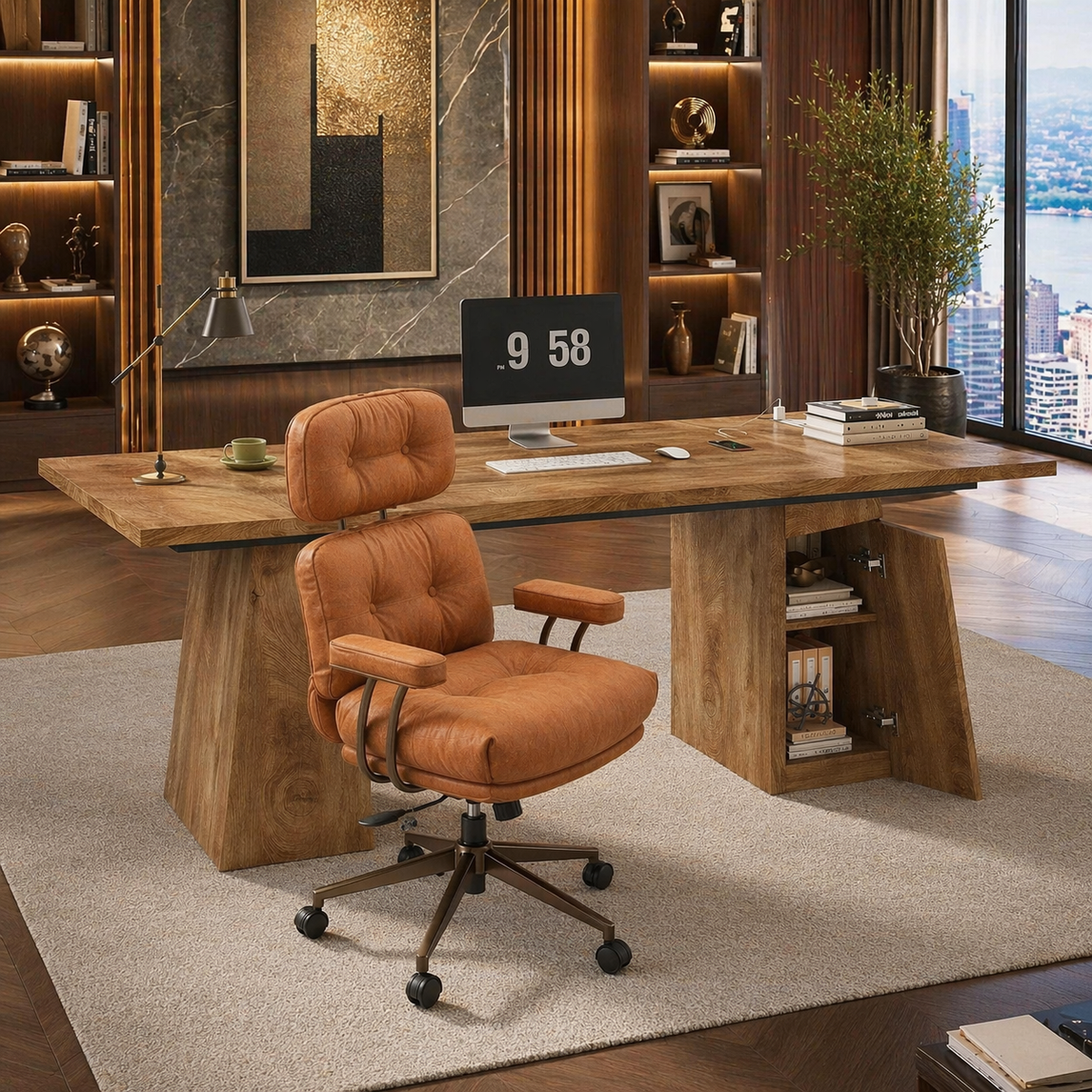 63” Executive Desk with Power Outlets & Storage + Ergonomic Wide Office Chair (Oak/Cognac)