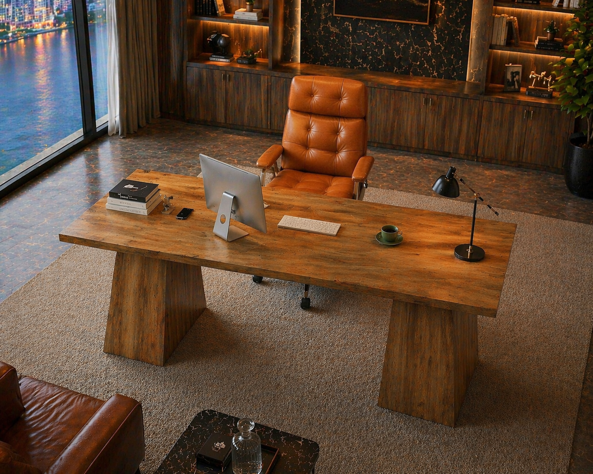 63” Executive Desk with Power Outlets & Storage + Ergonomic Wide Office Chair (Oak/Cognac)
