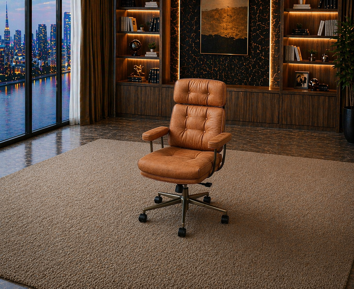 63” Executive Desk with Power Outlets & Storage + Ergonomic Wide Office Chair (Oak/Cognac)