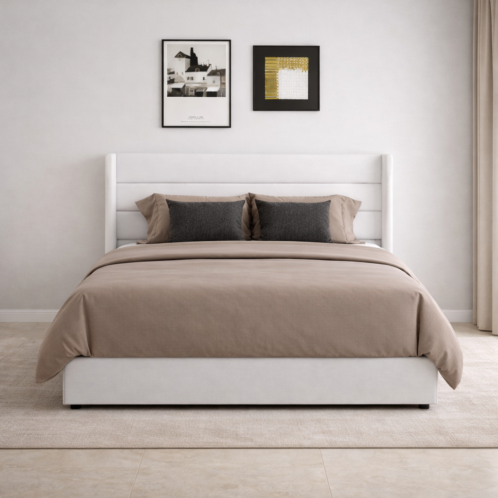 Queen Velvet Hydraulic Storage Bed with 2 Fluted Nightstands – White Oak Set-3