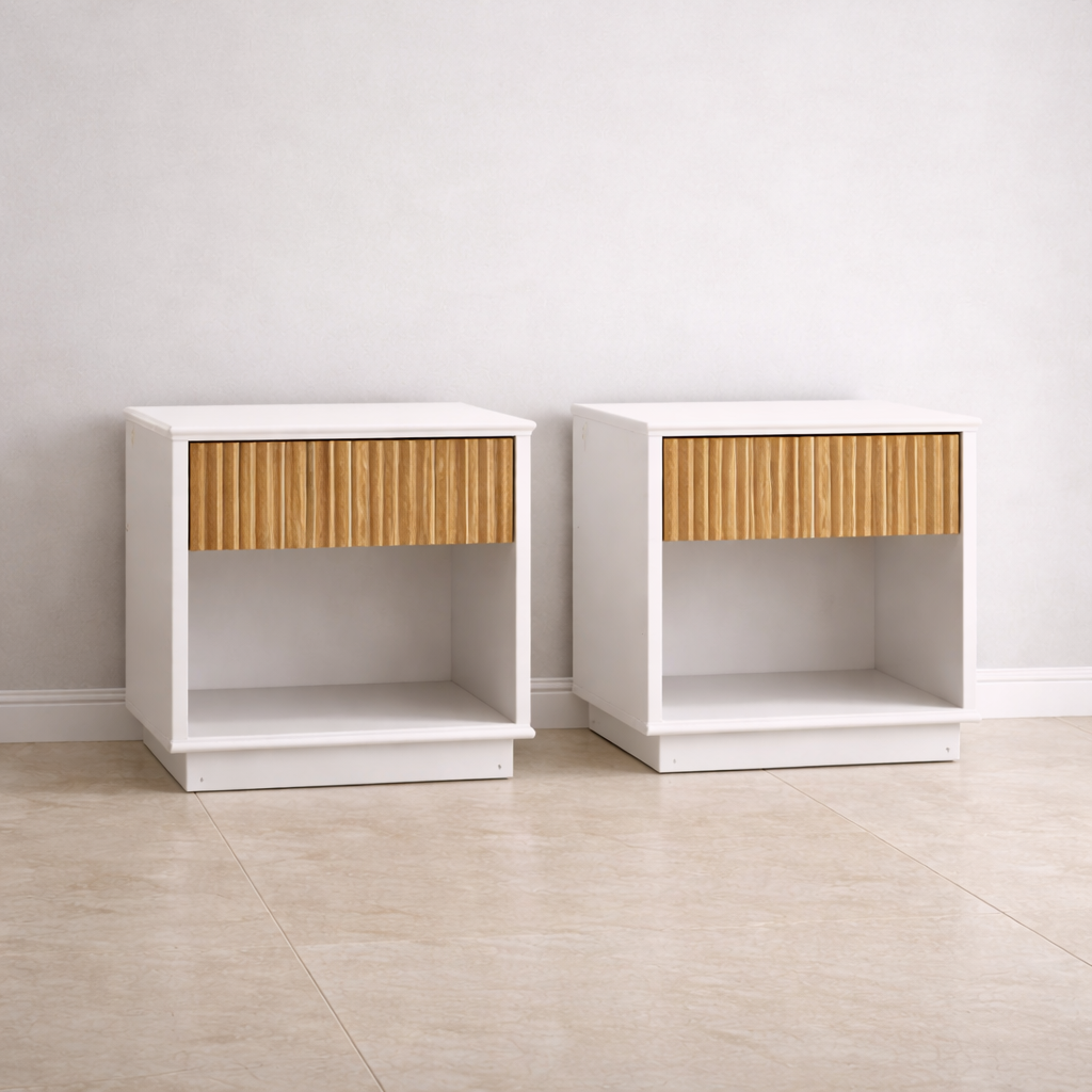 Queen Velvet Hydraulic Storage Bed with 2 Fluted Nightstands – White Oak Set-4