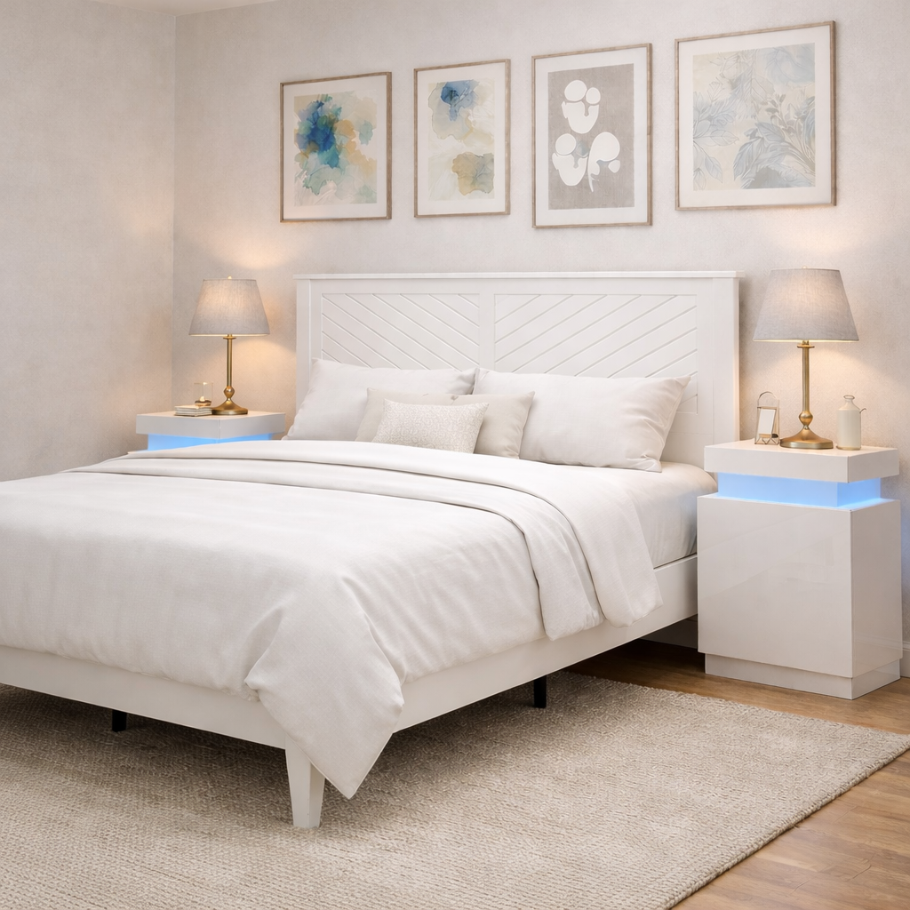 Queen White Solid Wood Platform Bed with Chevron Headboard and 2 LED Nightstands