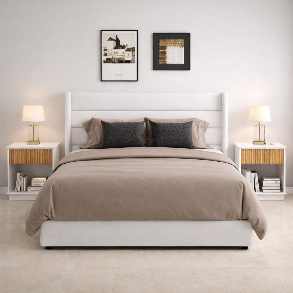 Queen Velvet Hydraulic Storage Bed with 2 Fluted Nightstands – White Oak Set-0