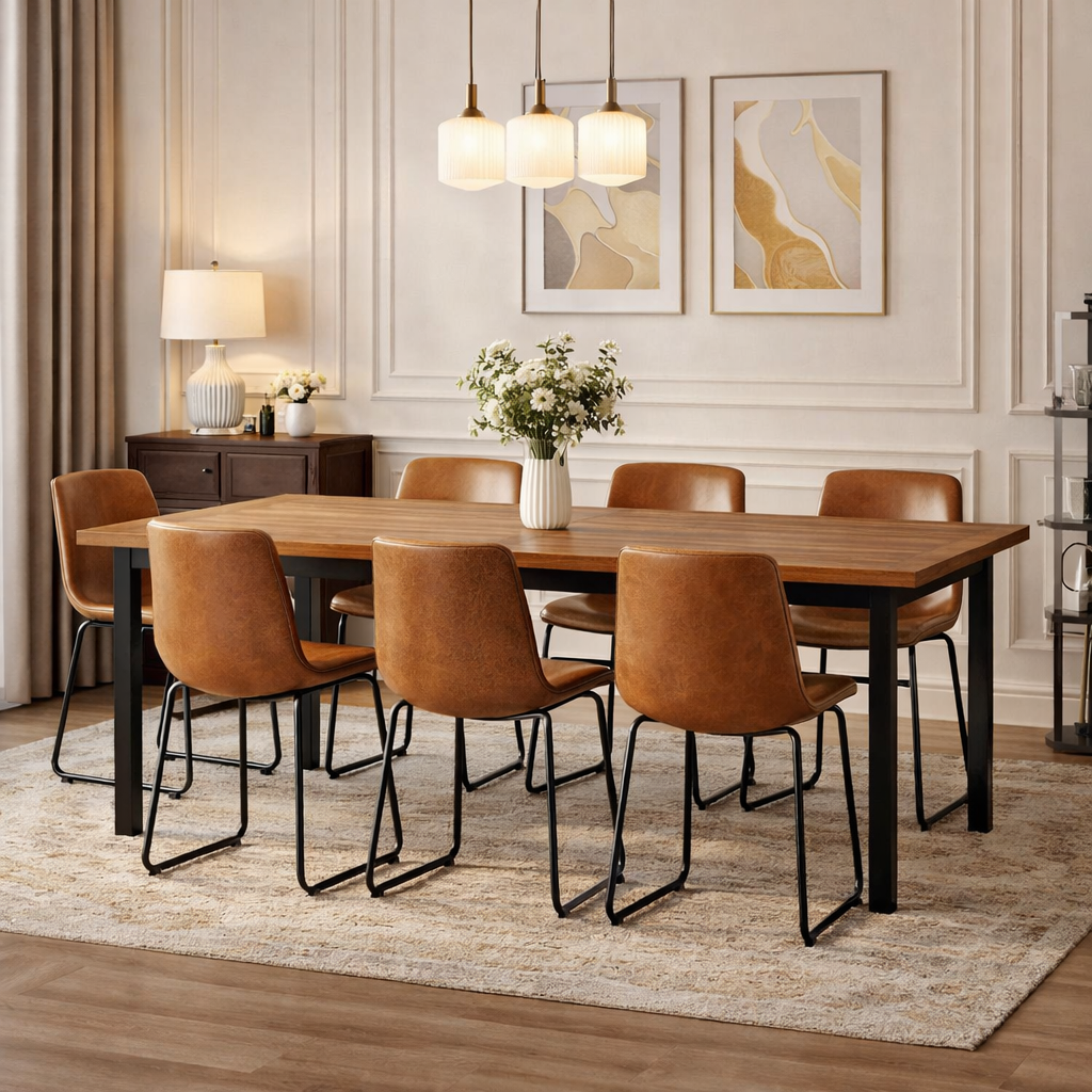 69" Farmhouse Acacia Dining Table with 6 Faux Leather Chairs Natural Brown Set