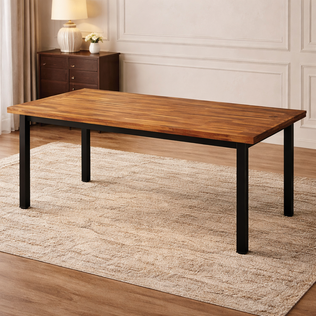 69" Farmhouse Acacia Dining Table with 6 Faux Leather Chairs Natural Brown Set