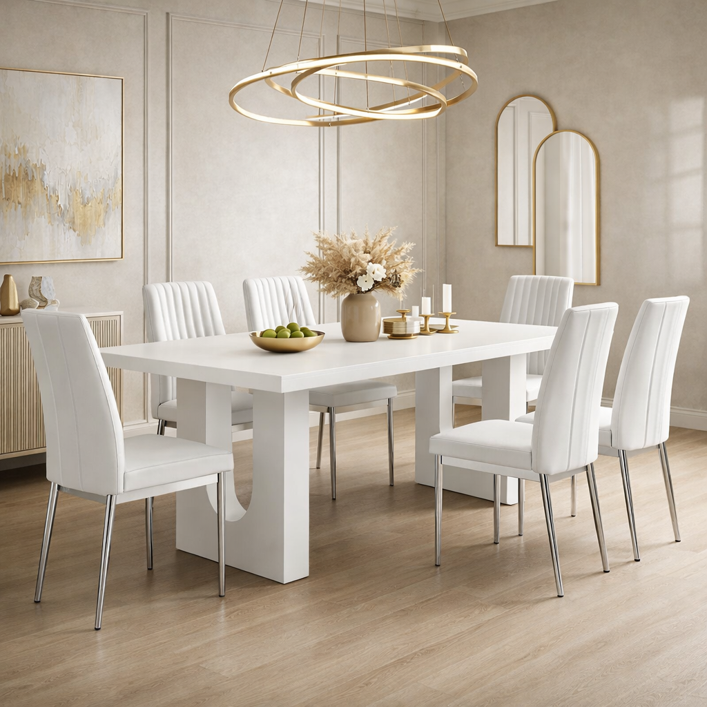 71 Inch Modern Dining Table Set with 6 PU Leather Chairs White Dining Room Set-1