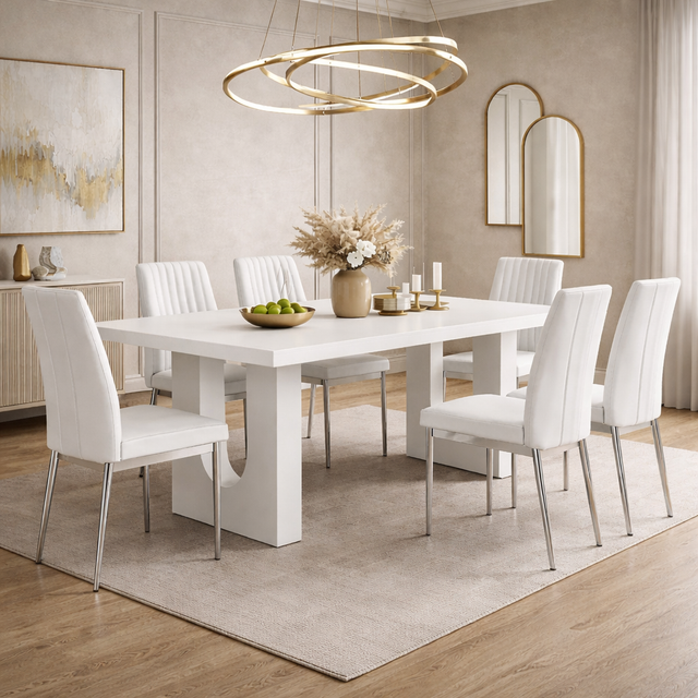 71 Inch Modern Dining Table Set with 6 PU Leather Chairs White Dining Room Set-2
