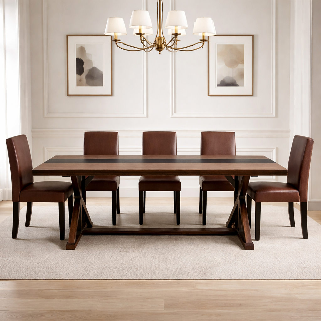 71" Farmhouse Dining Table Set with 6 PU Leather Chairs, Rectangular Brown Finish