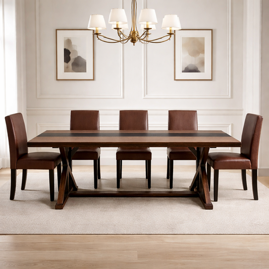 71" Farmhouse Dining Table Set with 6 PU Leather Chairs, Rectangular Brown Finish
