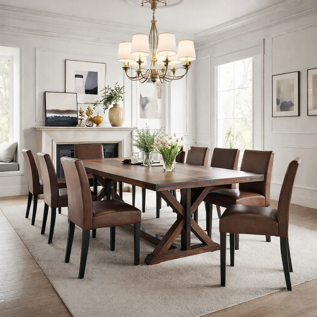 71" Farmhouse Dining Table Set with 6 PU Leather Chairs, Rectangular Brown Finish